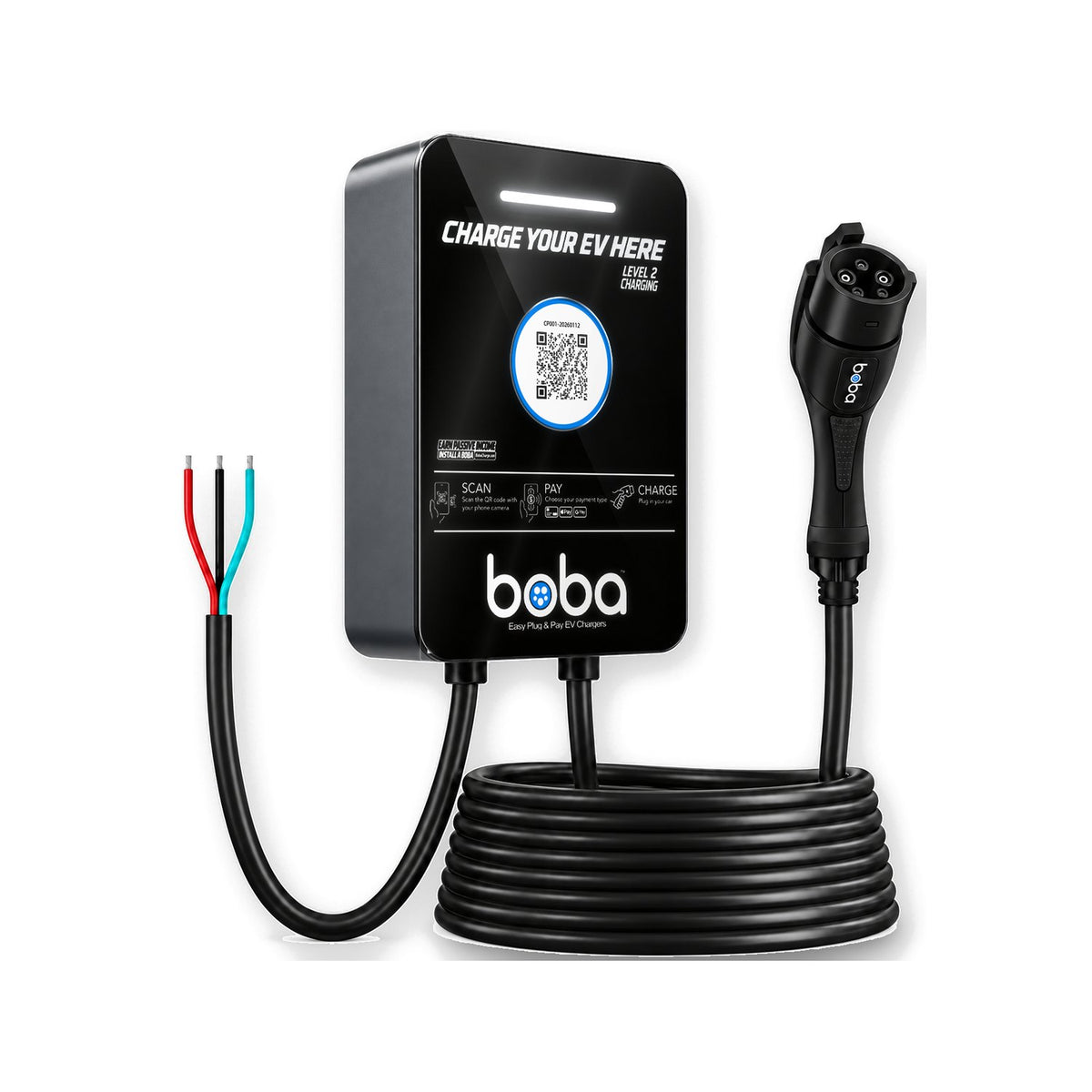 Boba commercial hardwired EV charger, angled right view, with QR code payment screen