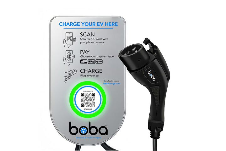 Boba EV charger front panel: Scan, Pay, Charge, with the charging connector