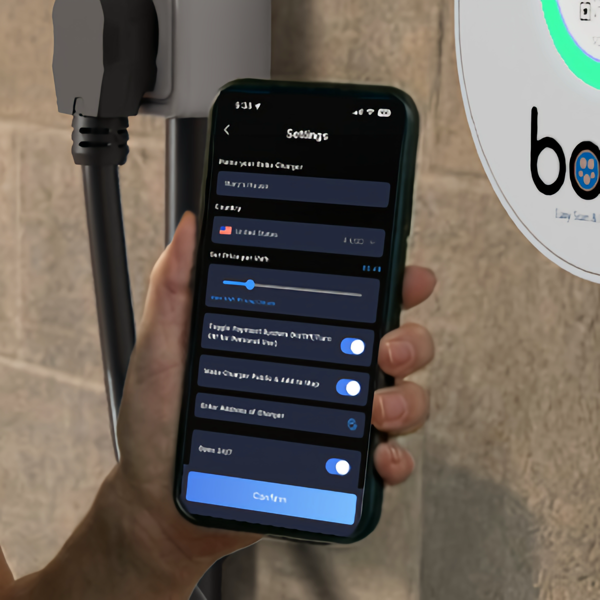 Boba Owner App settings: set your price per kWh and toggle payments off any time to charge your own car