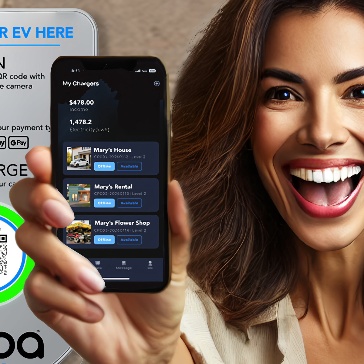 Owner showing Boba Owner App income from EV chargers at her rentals and small business