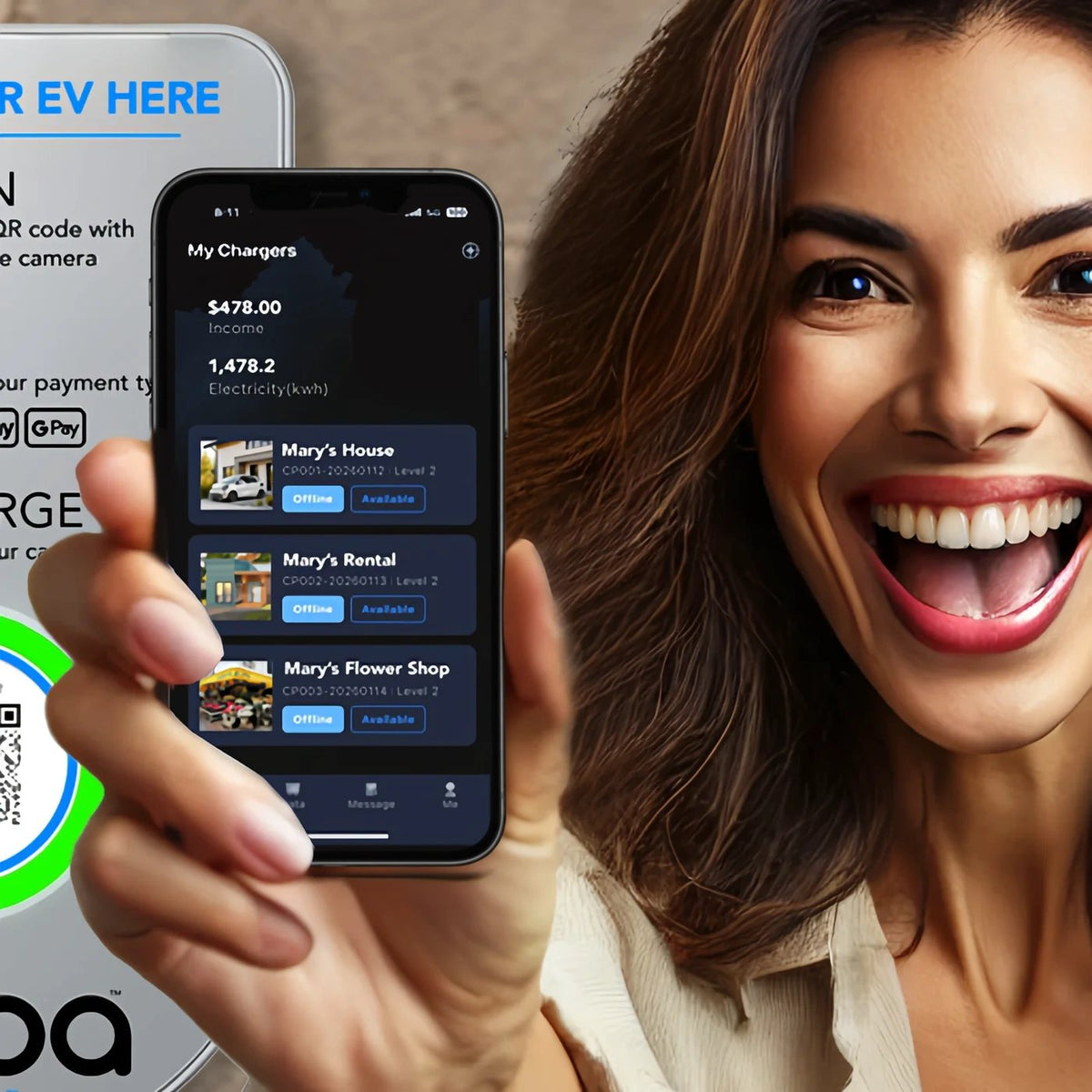 Smiling Boba owner holding her phone with the Boba owner app showing her chargers and income