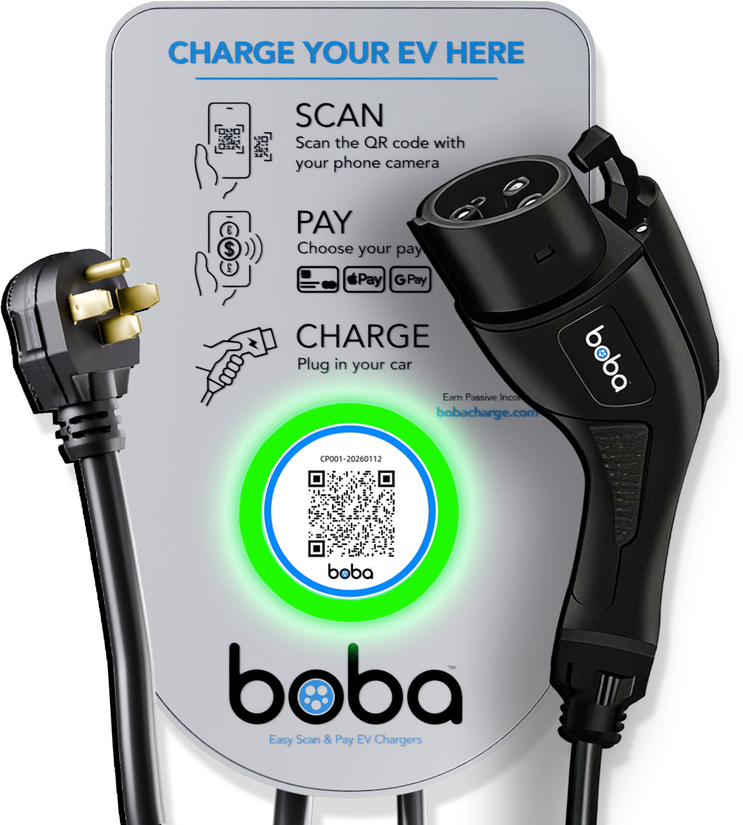 Boba Residential-Style, 240V plug-in, EV Charger with QR Scan & Owner Controlled Payment System