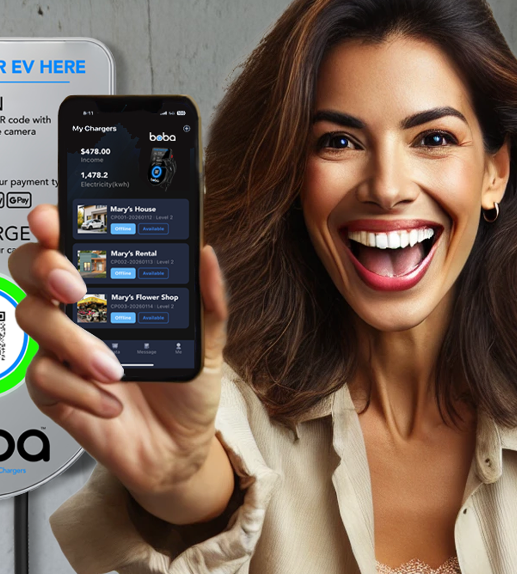 Boba Residential-Style, Hardwired, EV Charger with QR Scan & Owner Controlled Payment System