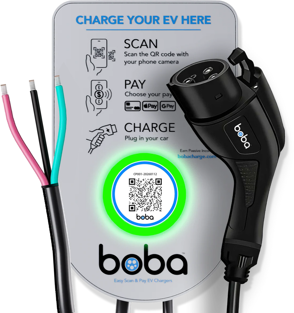 Boba Residential-Style, Hardwired, EV Charger with QR Scan & Owner Controlled Payment System