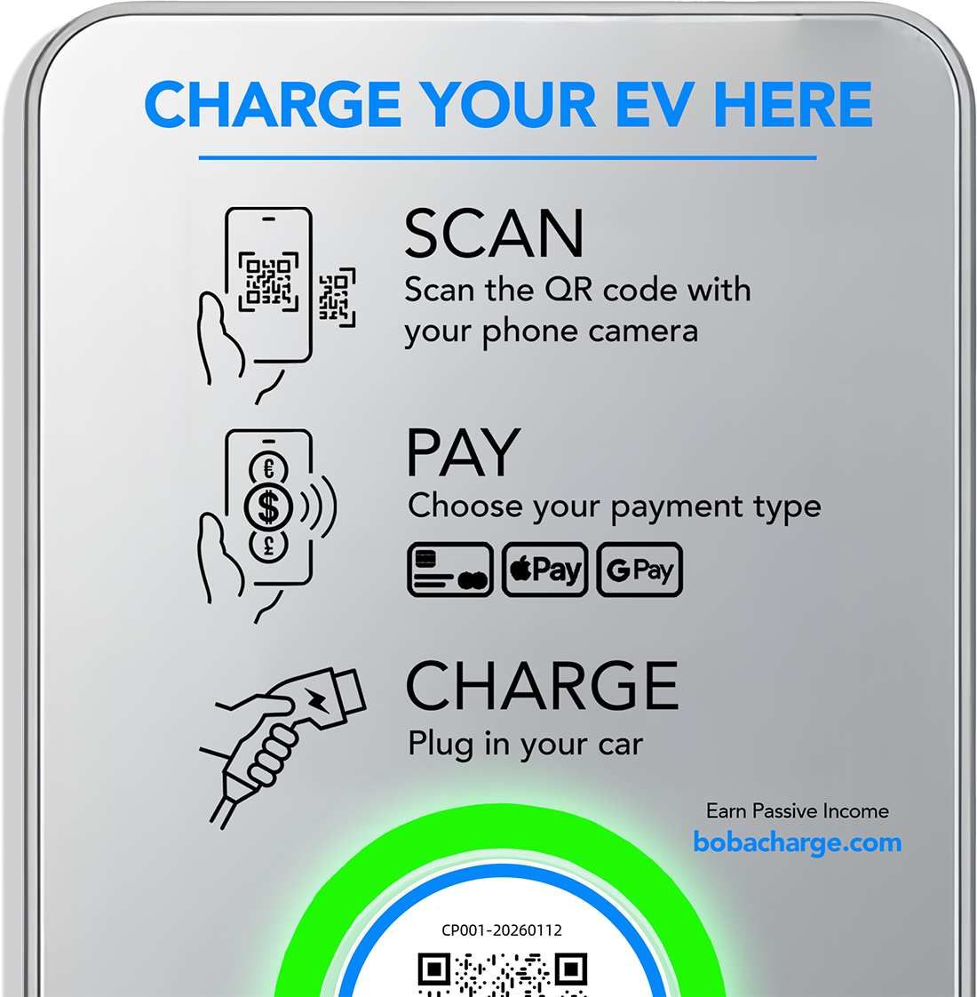 Scan, pay, and charge directions for Boba Charge
