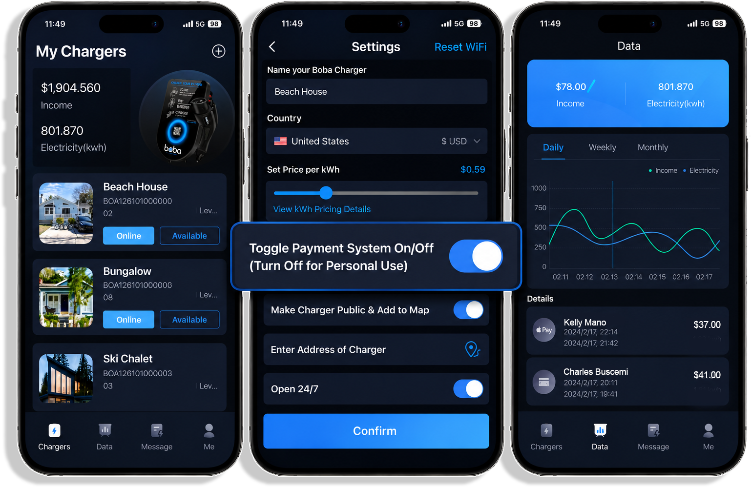 Boba Charge owner app controls