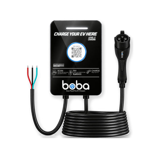 Boba commercial hardwired EV charger, front view, with QR code payment screen