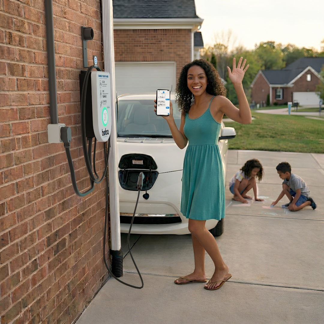 Woman holding a phone showing Boba Charge text message updates while her car charges