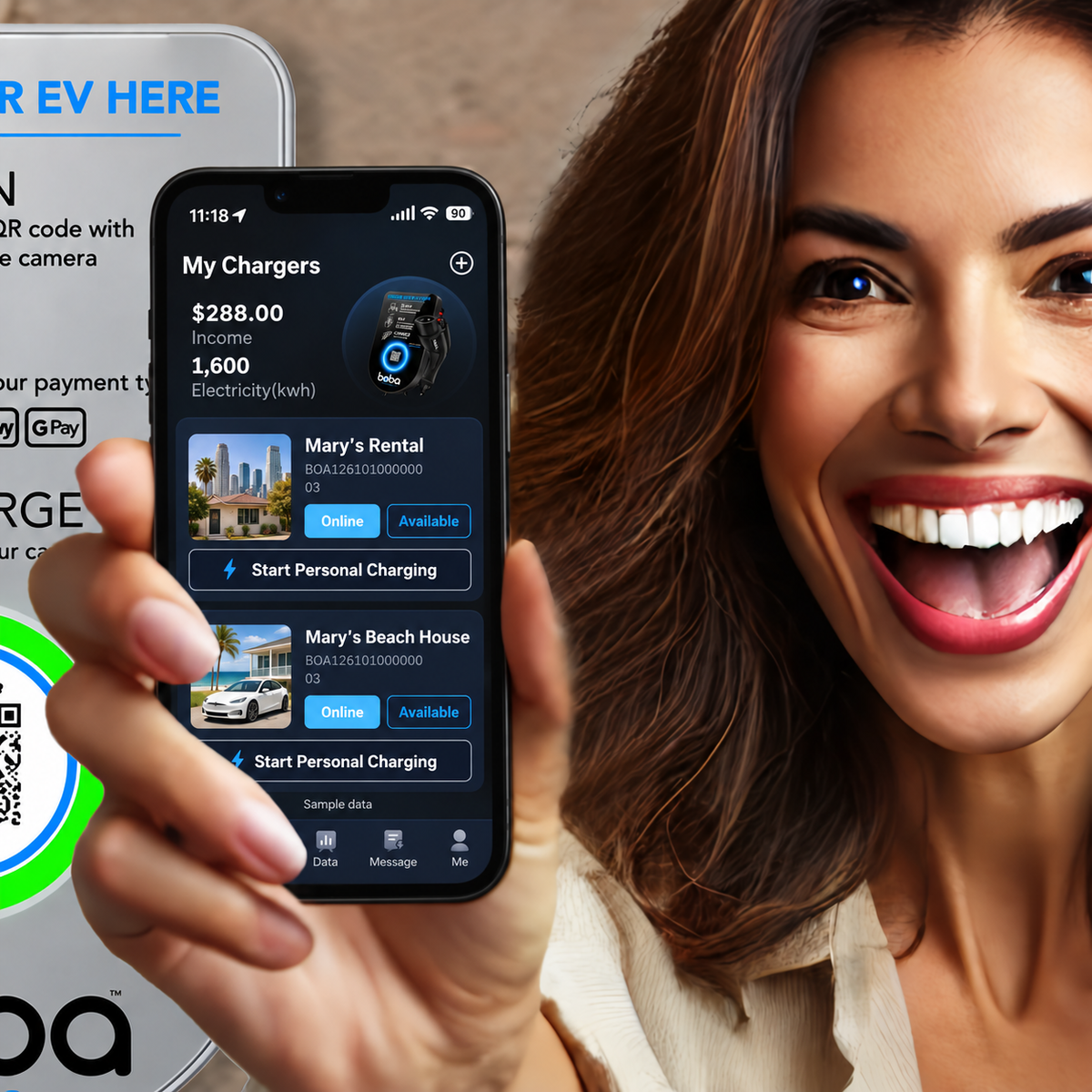 Boba Owner App for the residential-style EV charger: you set your price, keep 90% of revenue, and toggle payments off any time to charge your own car