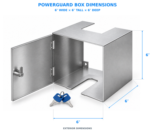 Boba PowerGuard Box dimensions, 6 inches wide, 6 inches tall and 6 inches deep, shown open with keys