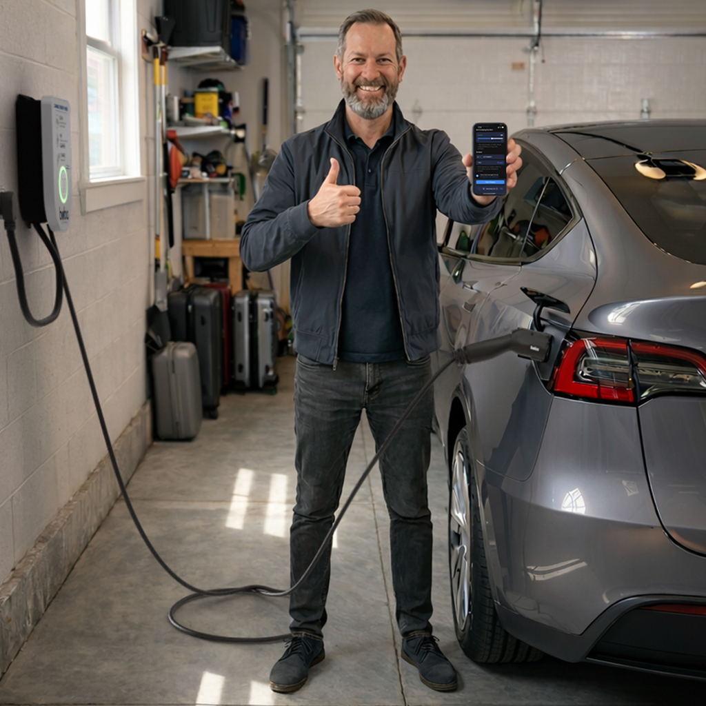 Boba Charge owner using the app at a home charger